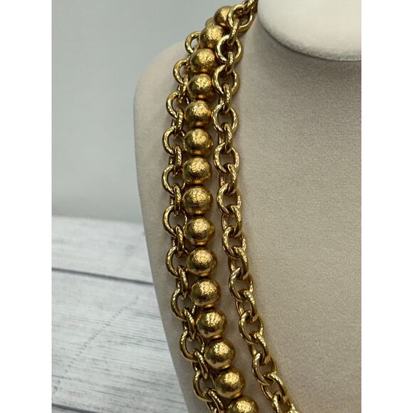 Vtg Monet Gold Tone Three Strand Chain & Bead Layered Statement Necklace 17" - Picture 4 of 7